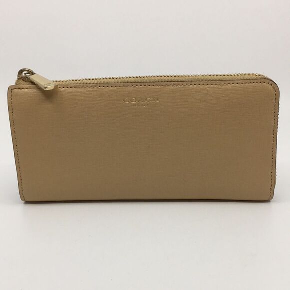 Coach Slim Accordion Zip Long Wallet Tan Dark Cream Saffiano Leather - Picture 1 of 16